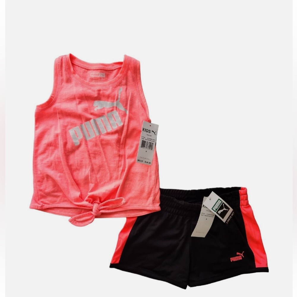 2pc Puma sleeveless top with front tie and black/orange shorts for girls/Size: 6
